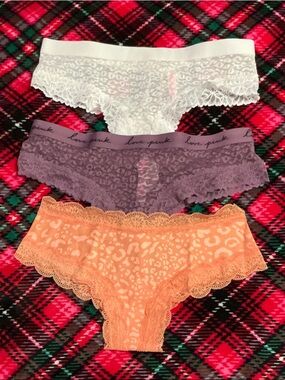 PINK Victoria's Secret Lace Cheeky Panty Set - White, Purple, Peach